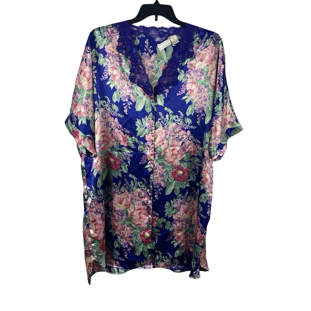 Solange Floral Satin Lounge Blue Floral Button From Lace Trim Nightgown 22/24
